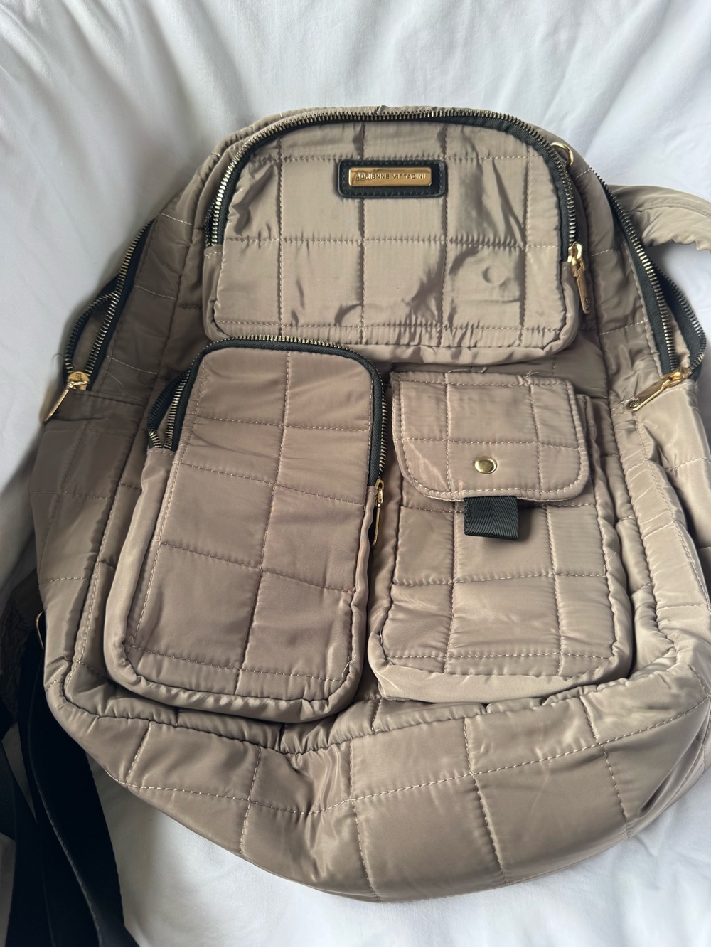 Adrienne Vittadini Quilted Taupe Nylon Backpack with Front Pockets